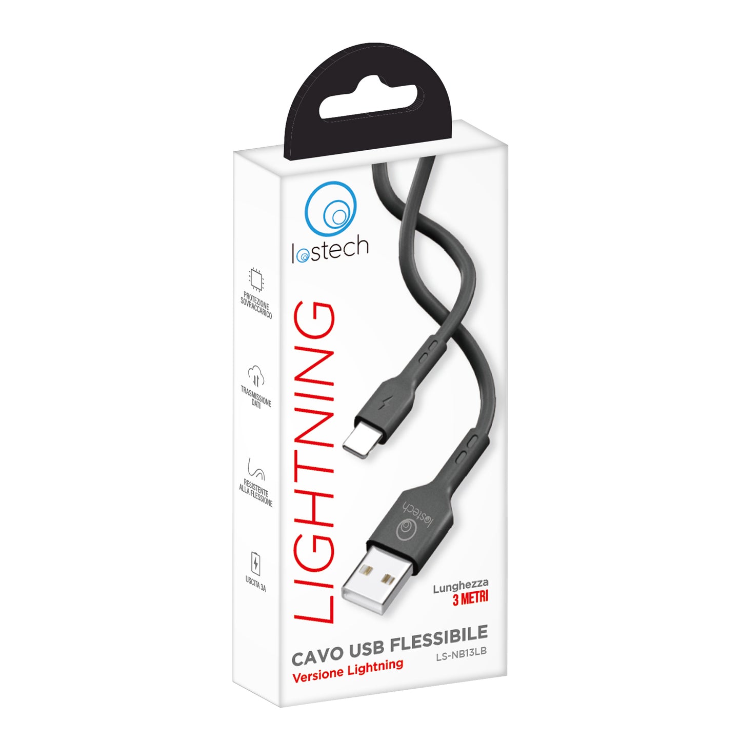 LOSTECH LS-NB13LB CAVO USB FLESSIBILE 3M LIGHTNING - BLACK