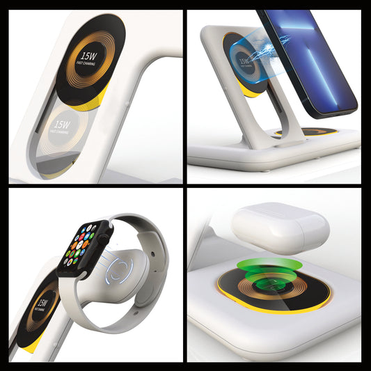 LOSTECH PREMIUM LS-SR07W BASE DI RICARICA WIRELESS 15W MULTIFUNZIONE PER SMARTPHONE, CUFFIE WIRELESS, SMART WATCH - BIANCO