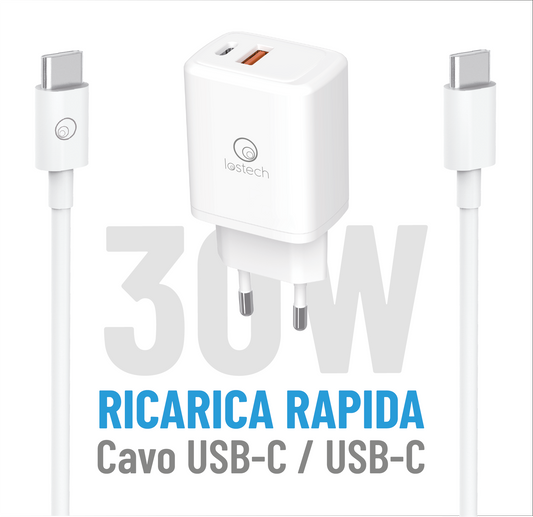 LOSTECH PREMIUM LS-NC56 CARICATORE RAPIDO 30W CON 1 PRESA USB-A, 1 PRESA USB-C + CAVO USB-C / USB-C INCLUSO