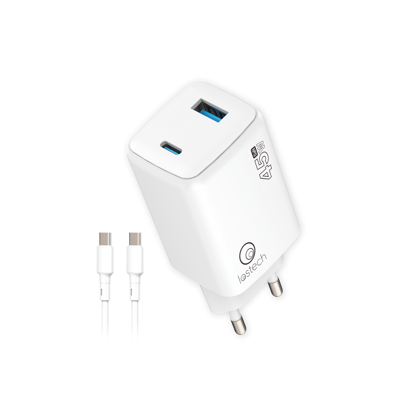 LOSTECH PREMIUM LS-NC57 CARICATORE GaN 45W CON USB-C E USB-A E CAVO USB-C/USB-C - BIANCO