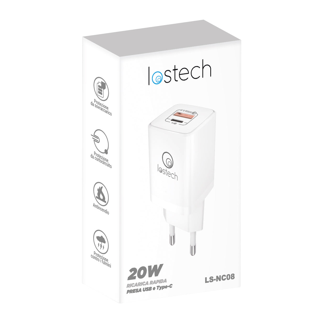 LOSTECH LS-NC08 CARICATORE RAPIDO 20W CON PRESE USB E TYPE-C