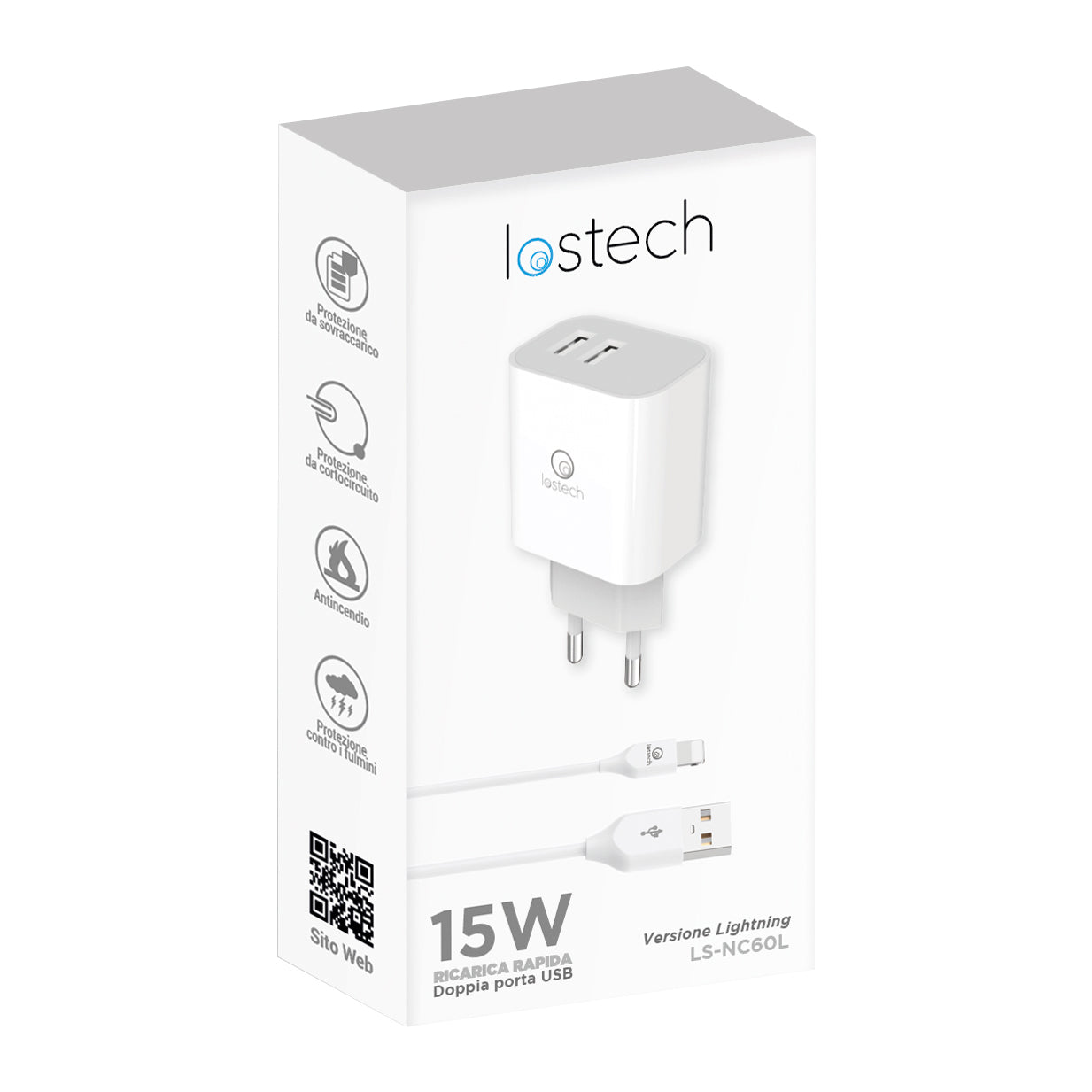 LOSTECH LS-NC60L CARICATORE RAPIDO 15W CON DOPPIA PORTA USB E CAVO LIGHTNING 1M