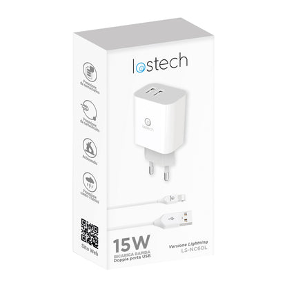 LOSTECH LS-NC60L CARICATORE RAPIDO 15W CON DOPPIA PORTA USB E CAVO LIGHTNING 1M