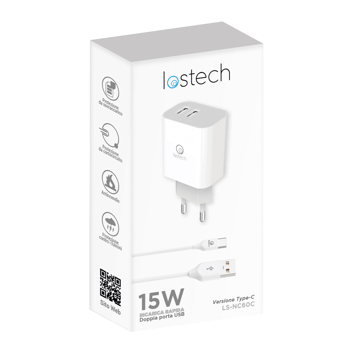 LOSTECH LS-NC60C CARICATORE RAPIDO 15W CON DOPPIA PORTA USB E CAVO TYPE-C 1M