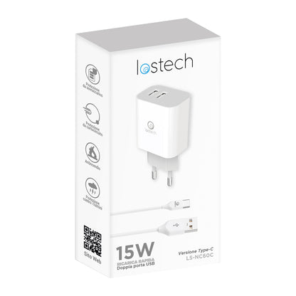 LOSTECH LS-NC60C CARICATORE RAPIDO 15W CON DOPPIA PORTA USB E CAVO TYPE-C 1M