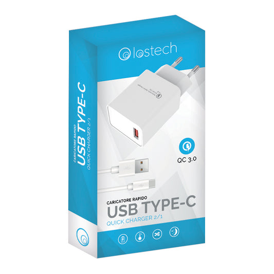 LOSTECH LS-1019QC5 SET TYPE-C CARICATORE QC3.0 CON 1 PORTA USB + CAVO DA 100CM COMPATIBILE QC3.0