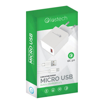 LOSTECH LS-1019QC4 SET MICRO USB CARICATORE QC3.0 CON 1 PORTA USB + CAVO DA 100CM COMPATIBILE QC3.0