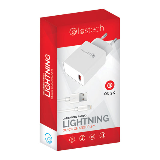 LOSTECH LS-1019QC3 SET LIGHTNING CARICATORE QC3.0 CON 1 PORTA USB + CAVO DA 100CM COMPATIBILE QC3.0