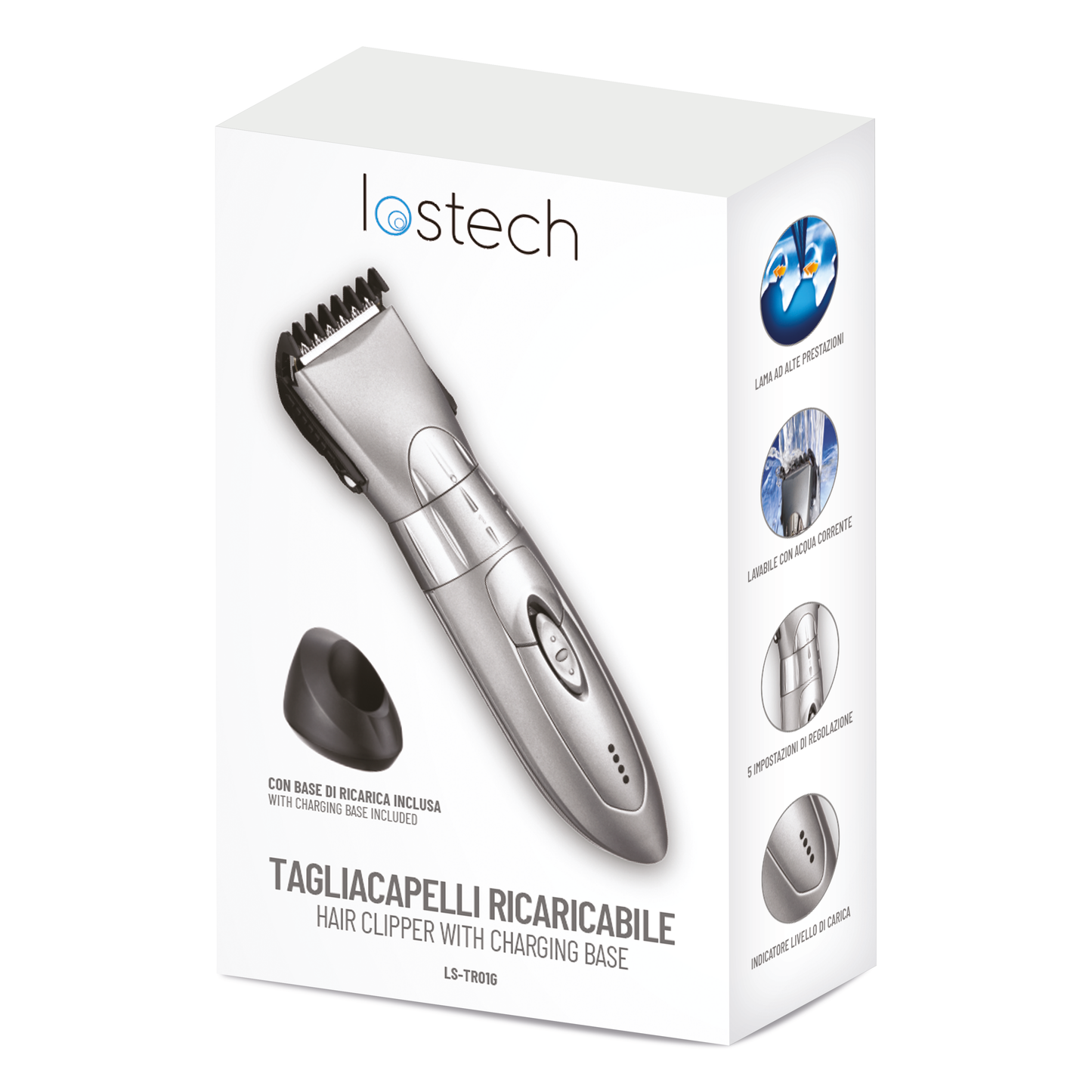 LOSTECH PREMIUM LS-TR01G TAGLIACAPELLI RICARICABILE CON BASE DI RICARICA - GRAY