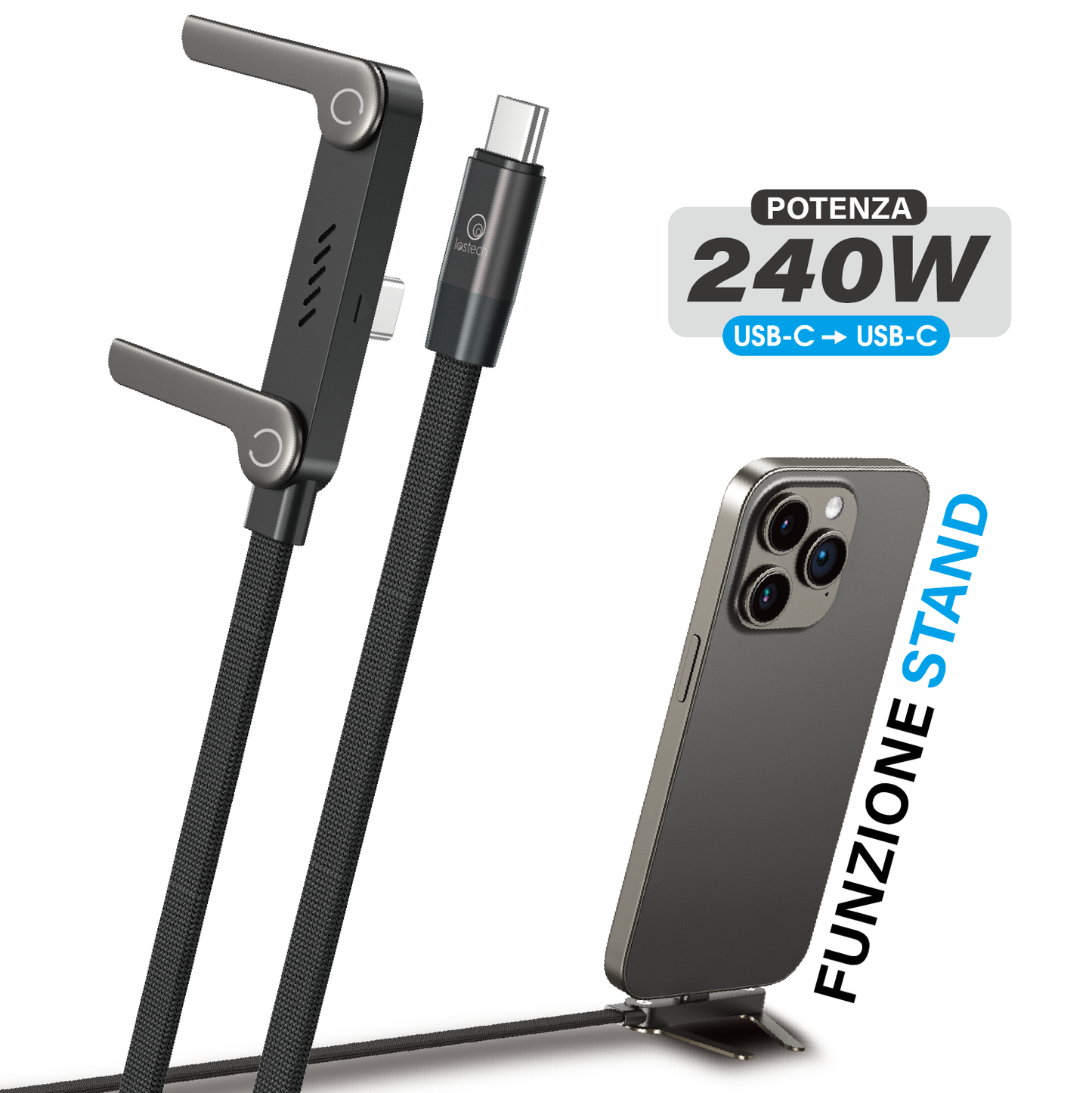 LOSTECH PREMIUM LS-NB22 CAVO RICARICA RAPIDA 240W USB-C / USB-C CON FUNZIONE STAND PER SMARTPHONE