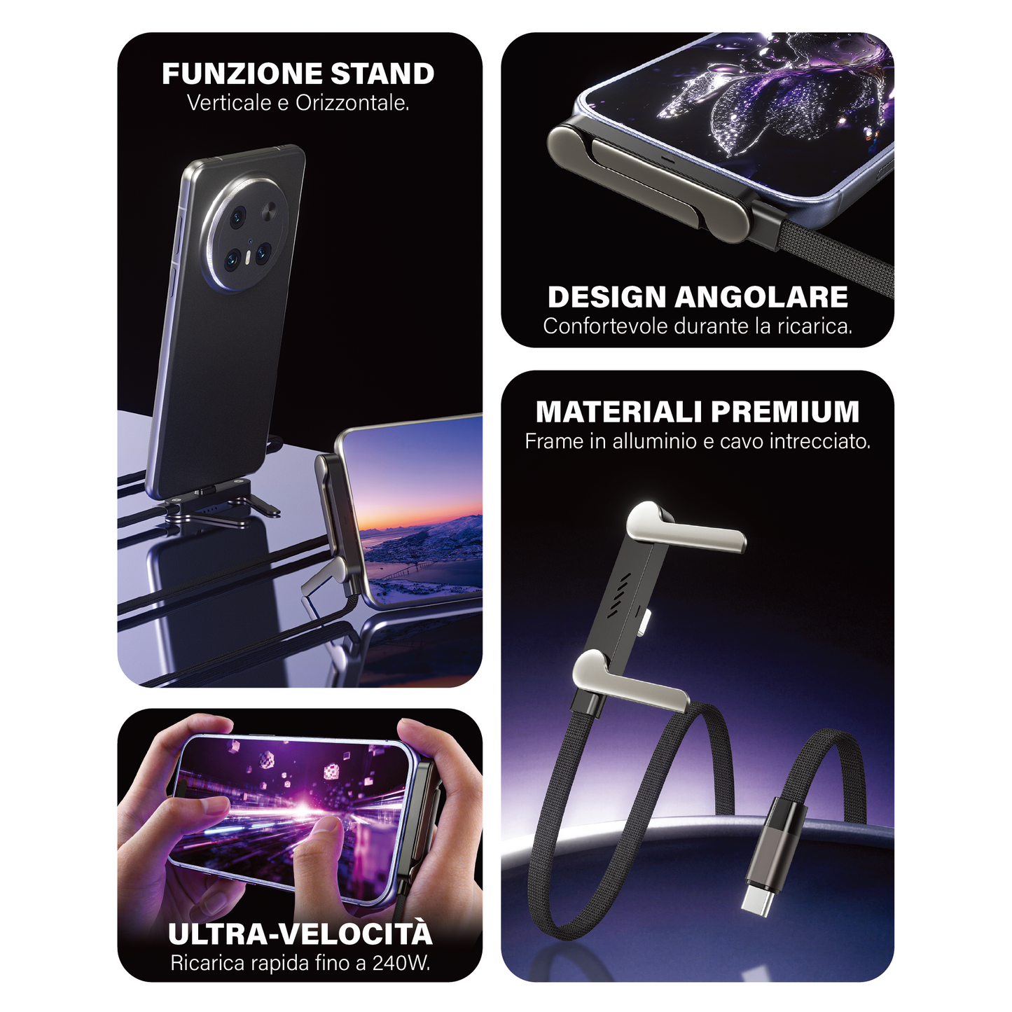 LOSTECH PREMIUM LS-NB22 CAVO RICARICA RAPIDA 240W USB-C / USB-C CON FUNZIONE STAND PER SMARTPHONE