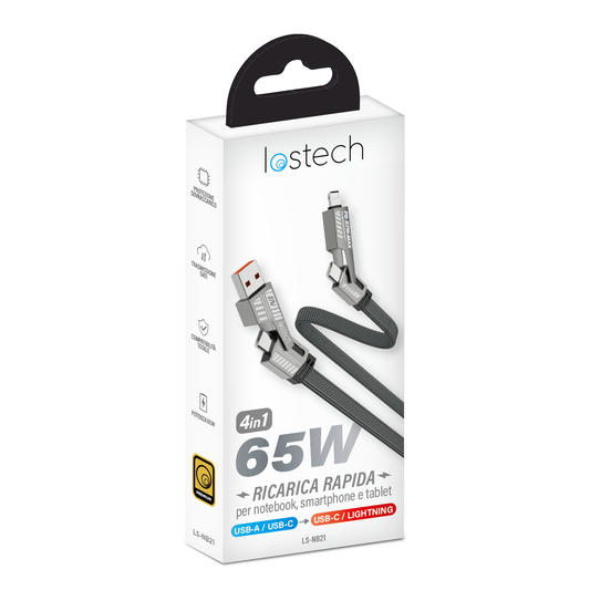 LOSTECH PREMIUM LS-NB21 CAVO RICARICA RAPIDA 65W 4in1: DA USB-A o USB-C A USB-C o LIGHTNING
