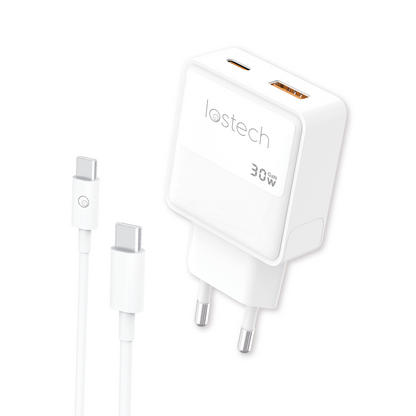 LOSTECH PREMIUM LS-NC07CC CARICATORE 30W GaN CON USB-C E USB-A + CAVO USB-C / USB-C