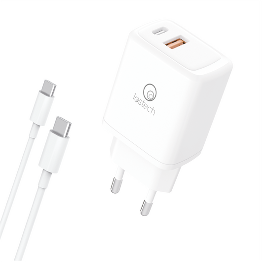 LOSTECH PREMIUM LS-NC56 CARICATORE RAPIDO 30W CON 1 PRESA USB-A, 1 PRESA USB-C + CAVO USB-C / USB-C INCLUSO